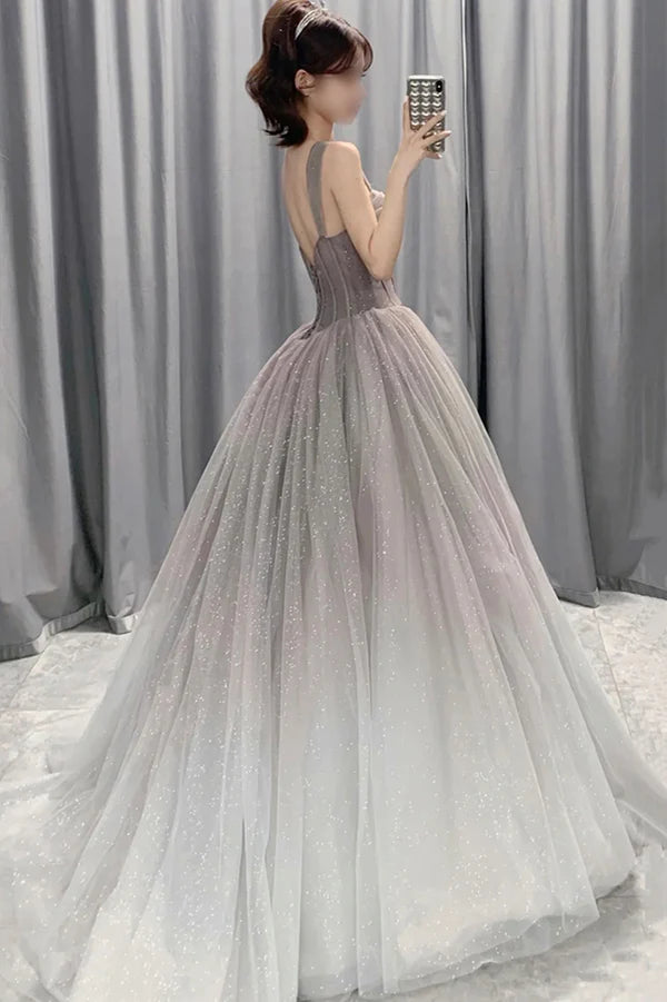 Gray Gradient Tulle Long Prom Dress A-Line Evening Party Dress